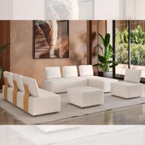Conjunto Sofá 7 lugares Moderno Versátil com Chaise, Puff e Encosto de Madeira Sebastian - Larbelle