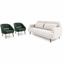 Conjunto Sofá-Cama 4 Lugares e 2 Poltronas Herval Vega, Cinza Claro e Verde