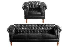 Conjunto Sofá Chesterfield 3 Lugares + 1 Poltrona Dom Pedro Preto