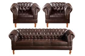 Conjunto Sofá Chesterfield 3 Lugares + 2 Poltronas Dom Pedro Marrom Café