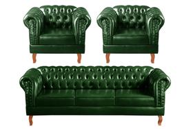 Conjunto Sofá Chesterfield 3 Lugares + 2 Poltronas Dom Pedro Verde Conjunto Sofá Chesterfield 3 Lugares + 2 Poltronas Dom Pedro Verde