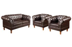 Conjunto Sofá Chesterfield Lugares 2 Poltronas Dom Pedro Marrom