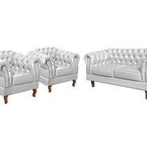 Conjunto Sofá Chesterfield Lugares 2 Poltronas Dom Pedro material sintético Branco