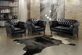 Conjunto Sofá Chesterfield Lugares 2 Poltronas Dom Pedro Preto