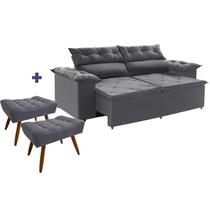 Conjunto Sofá Compact 2 metros retrátil e reclinável com Molas Espirais e 2 Puffs Suede Cinza - Sofá na Web Conjunto Sofá Compact 2 metros retrátil e reclinável com Molas Espirais e 2 Puffs Suede Cinza - Sofá na Web