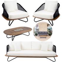 Conjunto Sofá Corda Náutica 2 Poltronas Mesa de Centro Lareira Ecológica Externa Interna