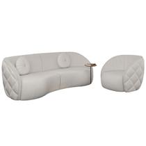 Conjunto Sofá Curvo E Poltrona Euphoria Em Bouclé Branco Com 2 Almofadas