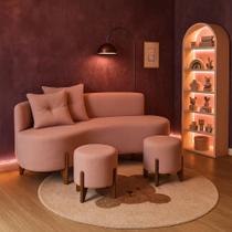 Conjunto Sofá Curvo Orgânico + 02 Puff Luna Boucle Rosa - Montanaris Decor