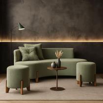 Conjunto Sofá Curvo Orgânico + 02 Puff Luna Boucle Verde Oliva - Montanaris Decor