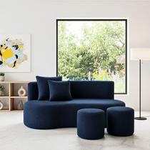 Conjunto Sofá Curvo Orgânico + 2Puffs Nature Gaia Boucle Azul Marinho - Montanaris Decor