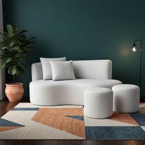 Conjunto Sofá Curvo Orgânico + 2Puffs Nature Gaia Boucle Cinza Claro - Montanaris Decor