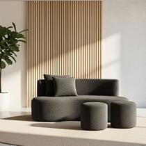 Conjunto Sofá Curvo Orgânico + 2Puffs Nature Gaia Boucle Cinza - Montanaris Decor