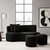Conjunto Sofá Curvo Orgânico + 2Puffs Nature Gaia Boucle Preto - Montanaris Decor