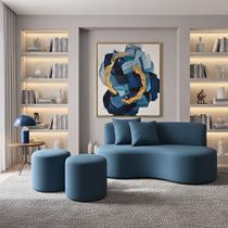 Conjunto Sofá Curvo Orgânico + 2Puffs Nature Gaia Suede Azul Royal - Montanaris Decor