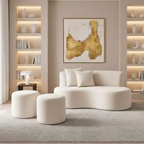 Conjunto Sofá Curvo Orgânico + 2Puffs Nature Gaia Suede Branco - Montanaris Decor