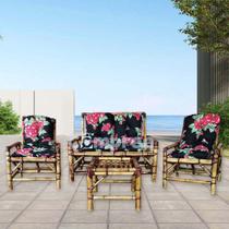 Conjunto Sofá de Bambu 4 Lugares com Almofadas Preto Floral