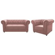 Conjunto Sofá Divã e Poltrona Chesterfield Capitonê Suede Rosê Sala de Estar Consultório Recepção Quarto - AM Decor