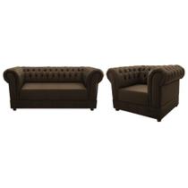 Conjunto Sofá Divã e Poltrona Decorativa Chesterfield Capitonê Suede Marrom Escritório Sala Recepção - AM Decor