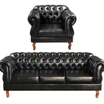 Conjunto Sofá Duquesa Chesterfield 3 Lugares + 1 Poltrona Preto Conjunto Sofá Duquesa Chesterfield 3 Lugares + 1 Poltrona Preto