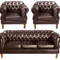 Conjunto Sofá Duquesa Chesterfield 3 Lugares + 2 Poltronas Marrom Café Conjunto Sofá Duquesa Chesterfield 3 Lugares + 2 Poltronas Marrom Café