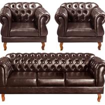 Conjunto Sofá Duquesa Chesterfield 3 Lugares + 2 Poltronas Marrom Café