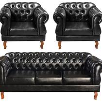 Conjunto Sofá Duquesa Chesterfield 3 Lugares + 2 Poltronas Preto Conjunto Sofá Duquesa Chesterfield 3 Lugares + 2 Poltronas Preto