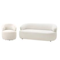Conjunto Sofá e Poltrona Giratória Bárbara Luxo Para Sala na Cor Bouclê-Off White- EdeCasaMoveis
