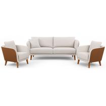 Conjunto Sofá Living Hórus e Poltronas Tecido Composê Linho Cru e Marrom Terracota 1,70M