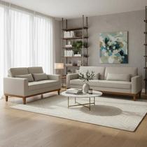 Conjunto Sofá Living Valência 3 e 2 Lug. Base Madeira Linho BEGE