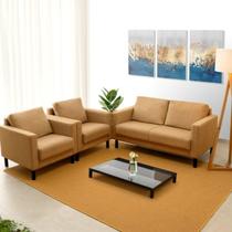 Conjunto Sofá Lugares com USB e 2 Poltronas em Linho Antúrio CabeCasa MadeiraOriginals Amarelo Âmbar