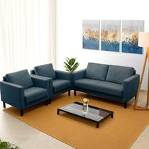 Conjunto Sofá Lugares com USB e 2 Poltronas em Linho Antúrio CabeCasa MadeiraOriginals Azul
