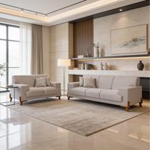 Conjunto Sofá Milão 2 e 3 Lugares Linho Clássico Pés em Madeira Living Conjunto Sofá Milão 2 e 3 Lugares Linho Clássico Pés em Madeira Living