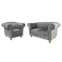 Conjunto Sofa Namoradeira Chesterfield Capitone Luis XV Suede Cinza / decoracao, sala tv estar, recepcao