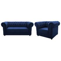 Conjunto Sofá Namoradeira e Poltrona Cadeira Capitonê Chesterfield Suede Azul Marinho Recepção Sala de Estar Escritório Consultório - AM Decor