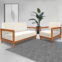 Conjunto Sofá Namoradeira e Poltrona Sala de Estar Pés Madeira Maciça Corda Náutica Preta Manila Linho Off White Rústico G63 - Gran Belo