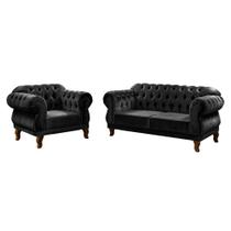 Conjunto Sofá Namoradeira Elisabeth Chesterfield Capitone Suede Preto Decorativa / Sala, Tv, Estar, Recepção, barbearia