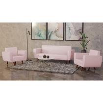 Conjunto Sofá Ravena 3 Lugares + 2 Poltronas Ravena Sued Rosa Claro