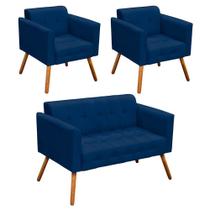 Conjunto Sofá Retrô 2 Lugares e 02 Poltronas Elisa Suede Azul Marinho - D'Rossi