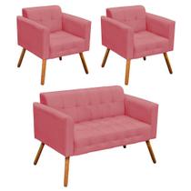 Conjunto Sofá Retrô 2 Lugares e 02 Poltronas Elisa Suede Rose - D'Rossi Conjunto Sofá Retrô 2 Lugares e 02 Poltronas Elisa Suede Rose - D'Rossi