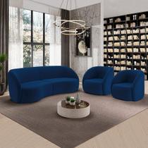 Conjunto Sofá Sala de Estar Bipartido 318cm e 2 Poltronas Clarke Veludo Azul G45 - Gran Belo Conjunto Sofá Sala de Estar Bipartido 318cm e 2 Poltronas Clarke Veludo Azul G45 - Gran Belo