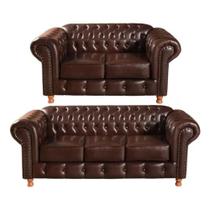 Conjunto Sofás 2 e 3 Lugares Chesterfield Luís XV Vintage Retrô Capitonê Couro Marrom