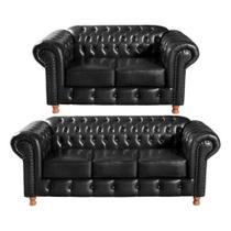 Conjunto Sofás 2 e 3 Lugares Chesterfield Luís XV Vintage Retrô Capitonê Couro Preto