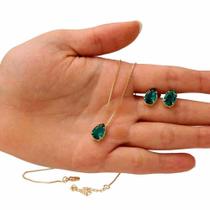 Conjunto SoftJoias Colar Brincos Gota Verde Folheado em Ouro