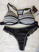 Conjunto Sol Listrado em Algodão com Bojo e Renda - Ajustável