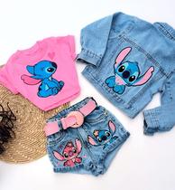 Conjunto Stitch 3 peças Jaqueta jeans - short e cropped