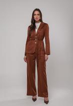 Conjunto Suede Blazer com Faixa e Calça Wide Leg Marrom Salvatore