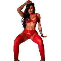 Conjunto Sutiã Sem Bojo Com Aro em Renda Calcinha Fio Dental Cinta Liga Strappy Sensual Sexy Vermelho