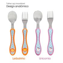 Conjunto Talher Infantil Aço Inox Anatômico Leão Unicornio Conjunto Talher Infantil Aço Inox Anatômico Leão Unicornio