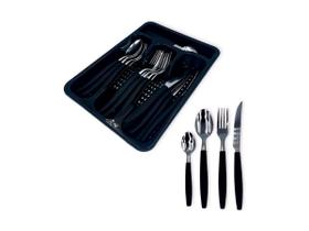Conjunto Talheres 24 Peças De Inox e Cabo de Plástico Com Organizador de Gaveta Preto