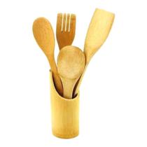 Conjunto Talheres Bambu Jogo C/ 5 Peças Utensílio Cozinha